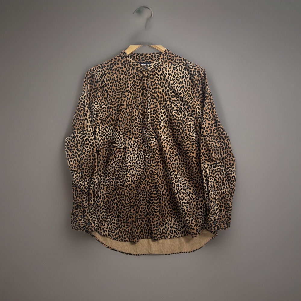 Lands End Womens Leopard Print Cotton Henley Shirt Size M‎ 10 12 Safari Boho Vtg